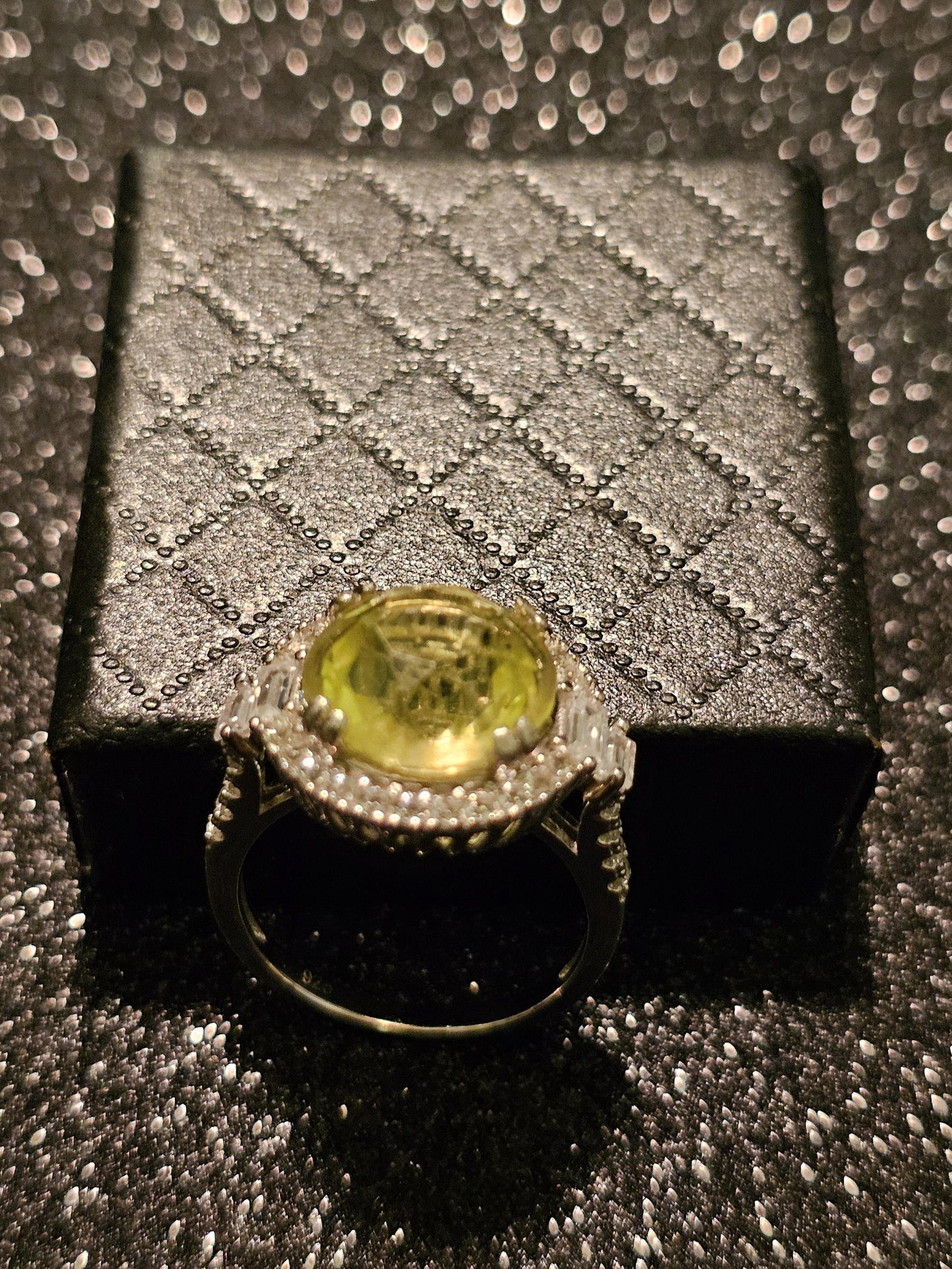 Uranium Glass Round cut Ring size 7.5 New Halo style Sterling Silver with a vintage Yellow Uranium glass stone that glows under black/UV lig