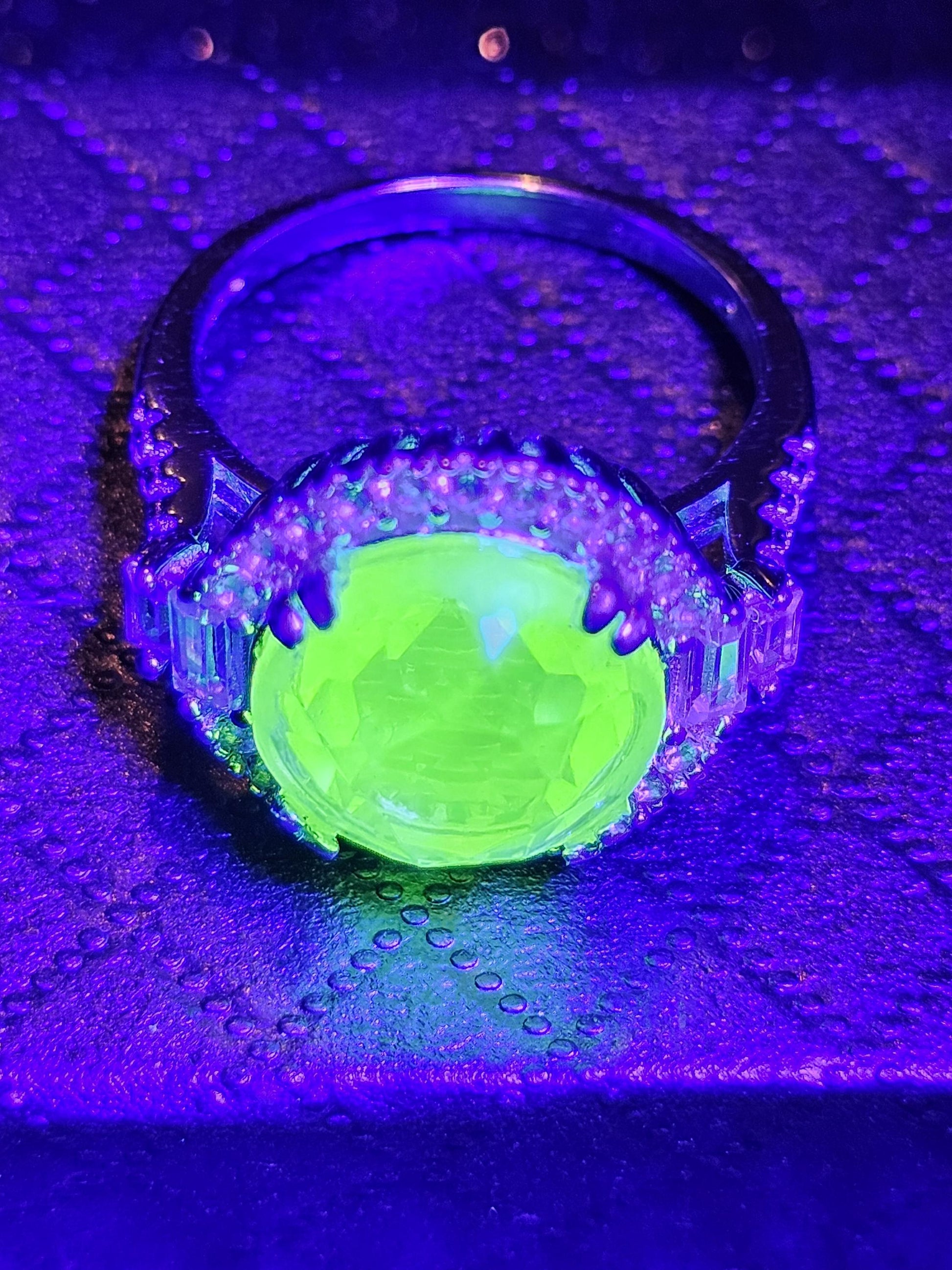 Uranium Glass Round cut Ring size 7.5 New Halo style Sterling Silver with a vintage Yellow Uranium glass stone that glows under black/UV lig