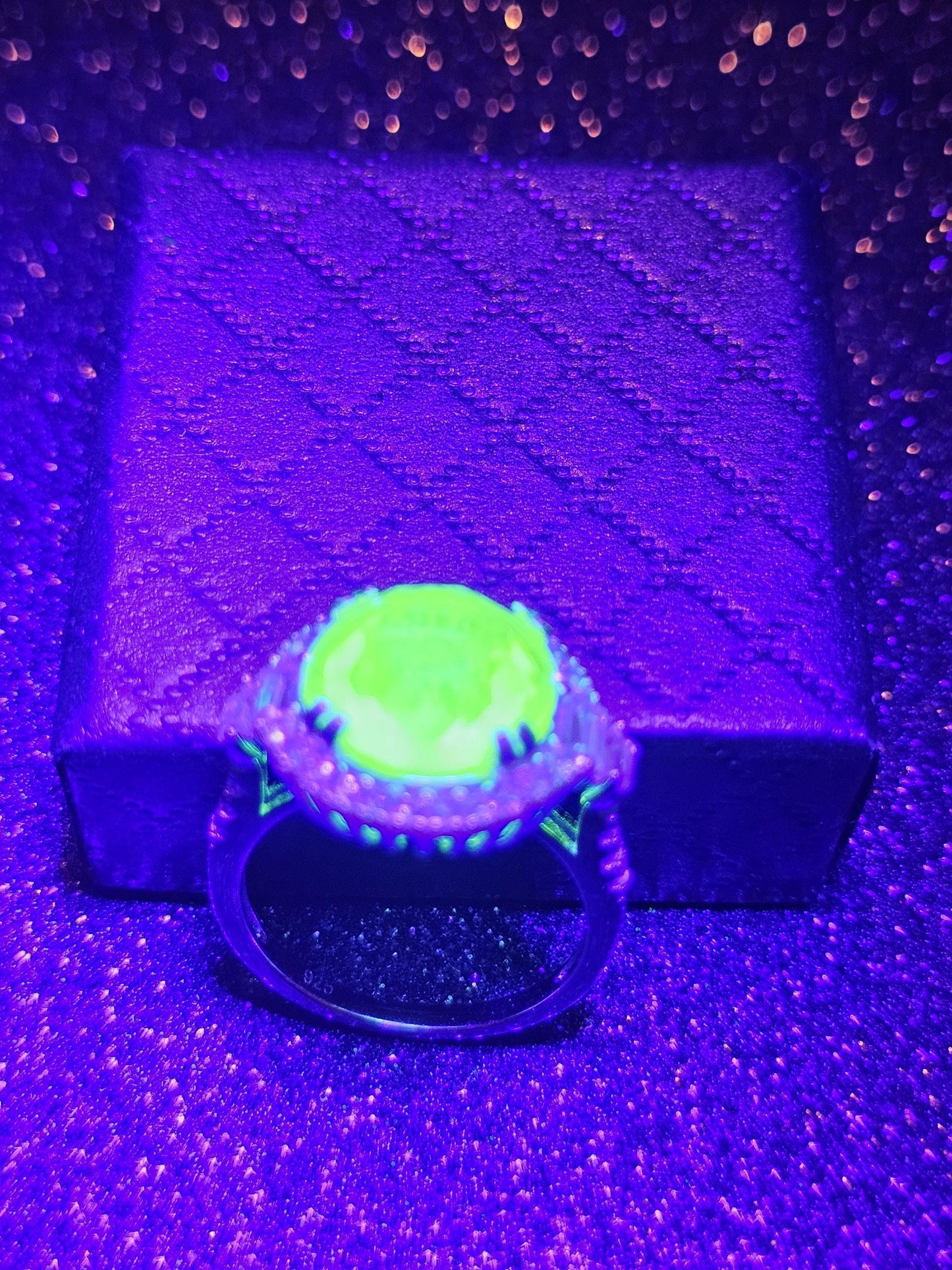 Uranium Glass Round cut Ring size 7.5 New Halo style Sterling Silver with a vintage Yellow Uranium glass stone that glows under black/UV lig