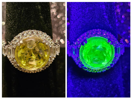 Uranium Glass Round cut Ring size 7.5 New Halo style Sterling Silver with a vintage Yellow Uranium glass stone that glows under black/UV light