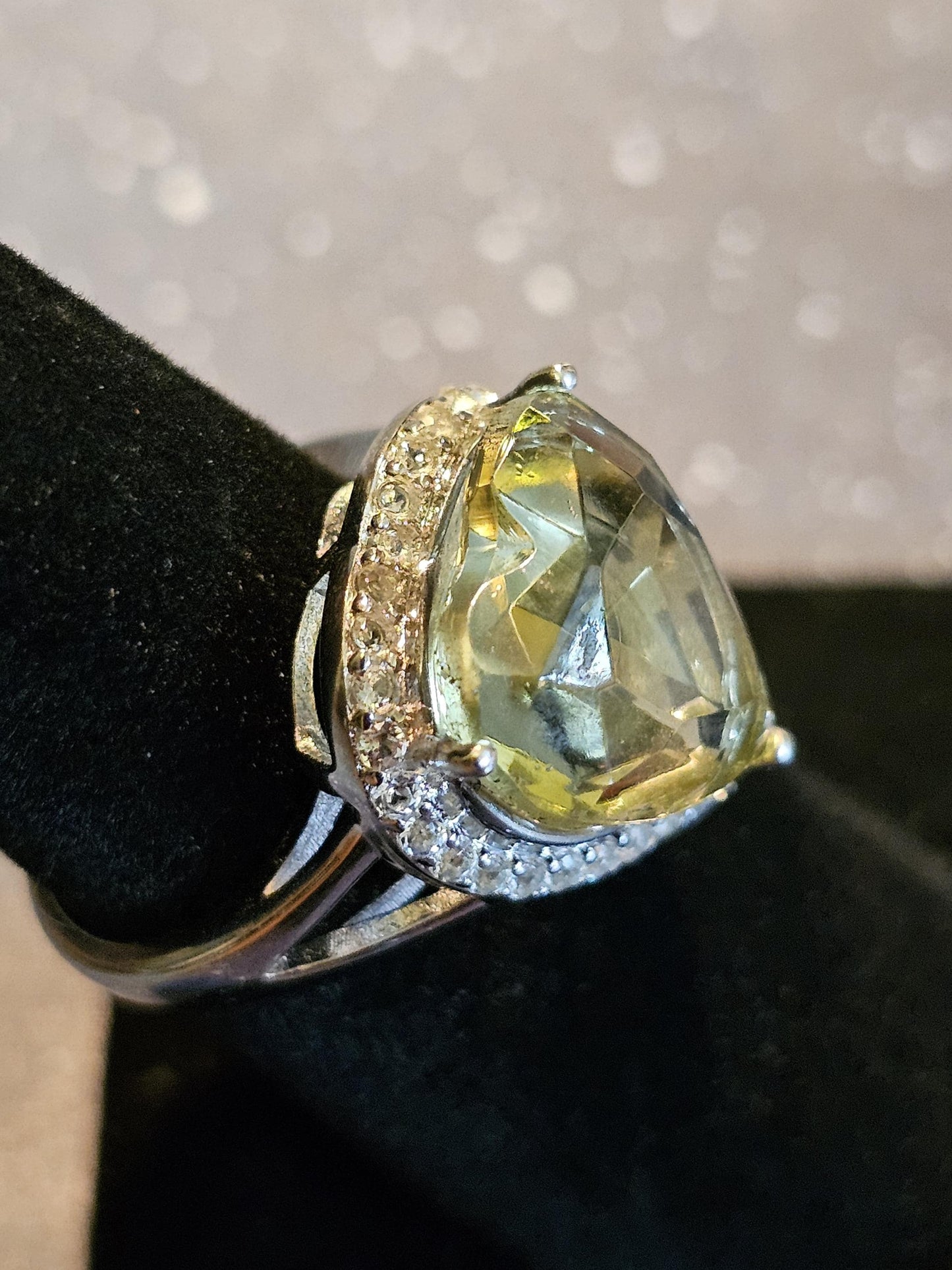 Uranium Glass Heart cut Ring size 7. New Sterling Silver with a vintage 15 mm Yellow Uranium glass stone that glows under black/UV light