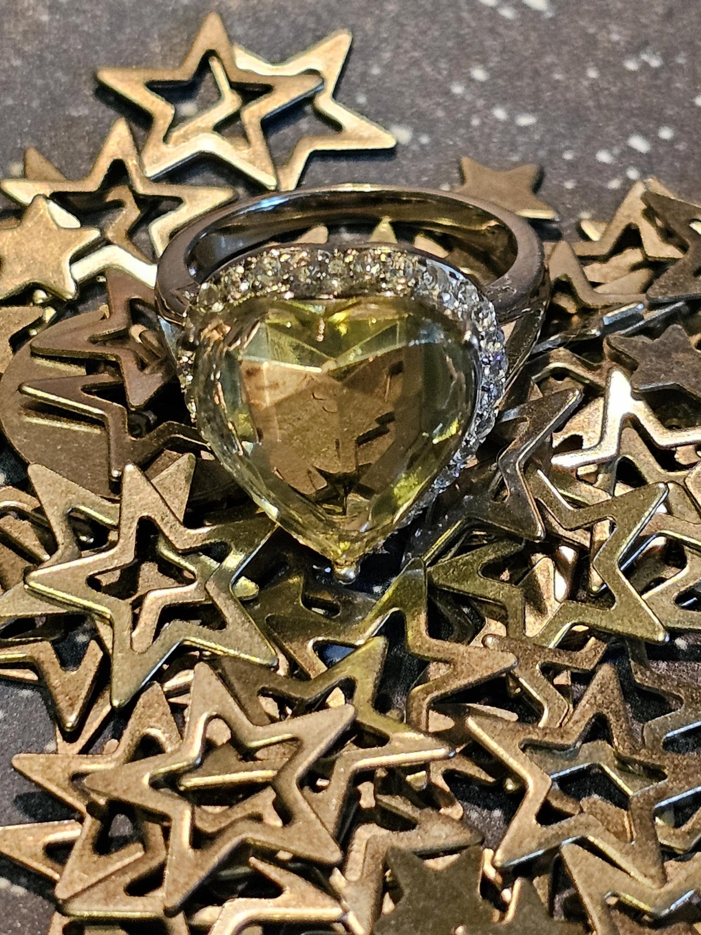 Uranium Glass Heart cut Ring size 7. New Sterling Silver with a vintage 15 mm Yellow Uranium glass stone that glows under black/UV light