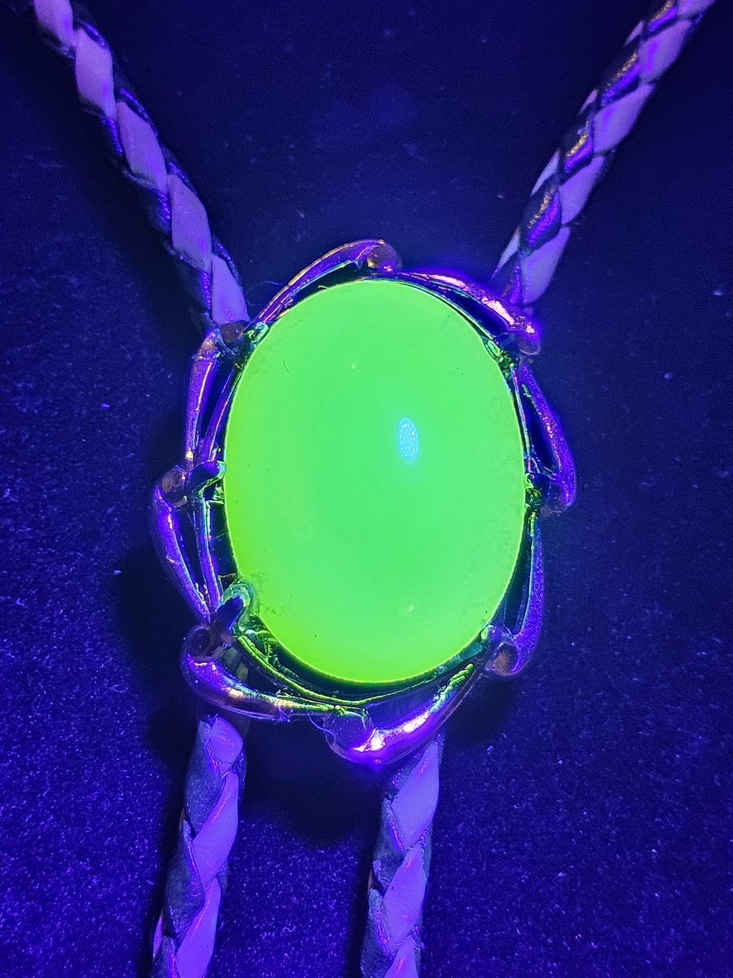 Uranium Glass Bolo Tie, Leather cord, 4 tip choices vintage White/Yellowish 25x18 mm Uranium Glass stone that glow under black/UV light