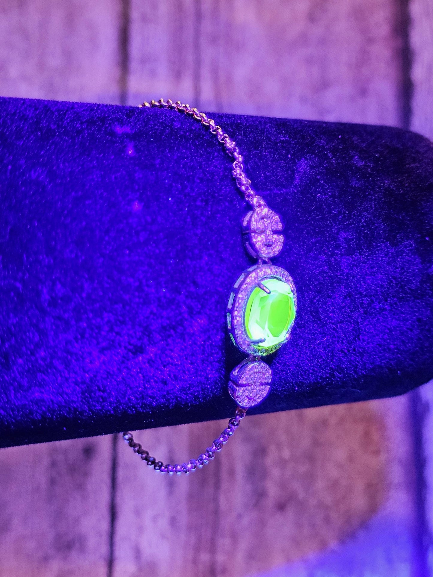 Uranium Glass Bracelet new Sterling Silver containing a vintage 10x8 mm Uranium glass Oval cut stone that glows under black / UV light