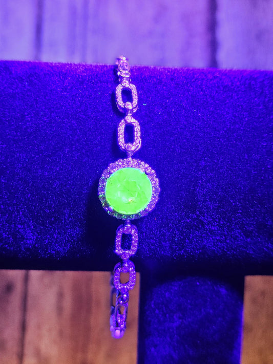 Uranium Glass Bracelet new Sterling Silver setting holding a vintage 10 mm Uranium glass Round cut stone that glows under black / UV light