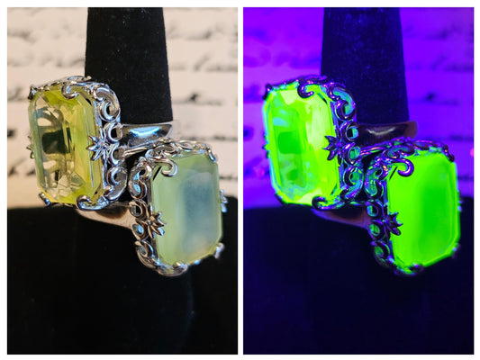Uranium Glass Emerald cut Ring size 6 to 8 in new Sterling Silver with vintage Yellow Uranium glass stones that glow under black / UV light