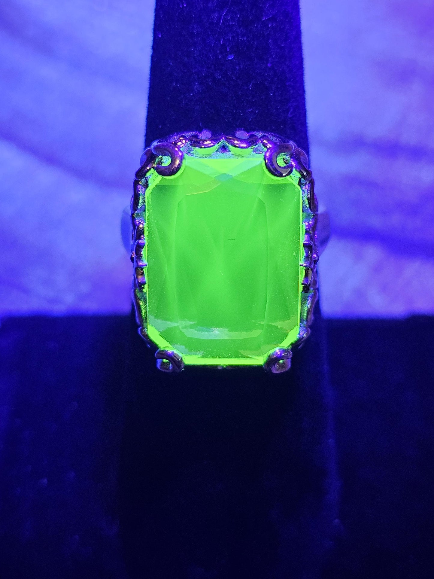 Uranium Glass Emerald cut Ring size 6 to 8 in new Sterling Silver with vintage Yellow Uranium glass stones that glow under black / UV light