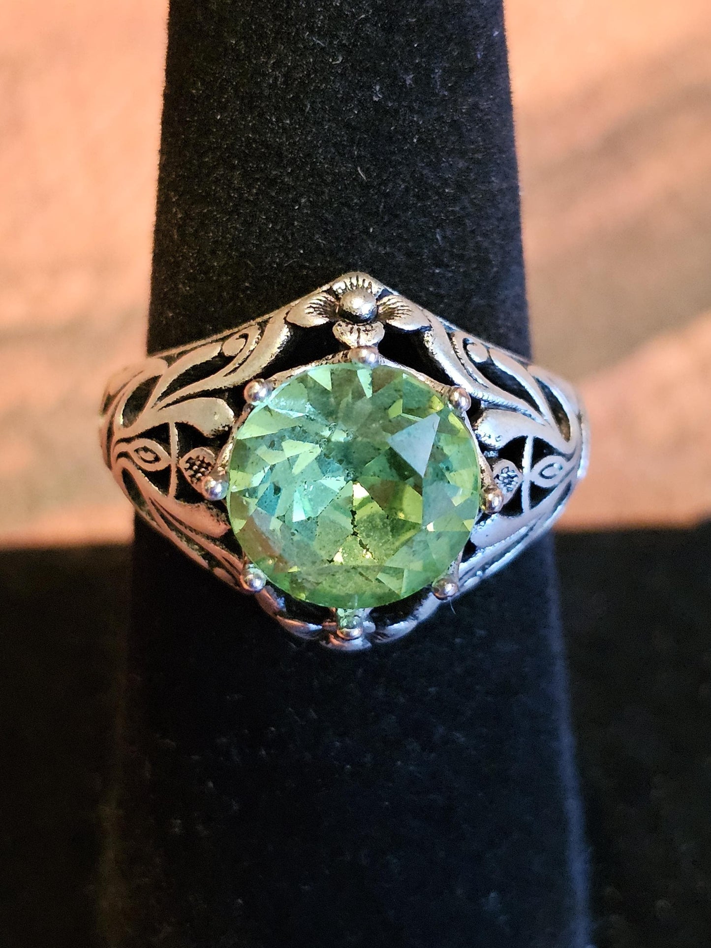 Uranium Glass Round cut Ring size 7. Antique style new Sterling Silver with a vintage Uranium glass stone that glows under black/UV light