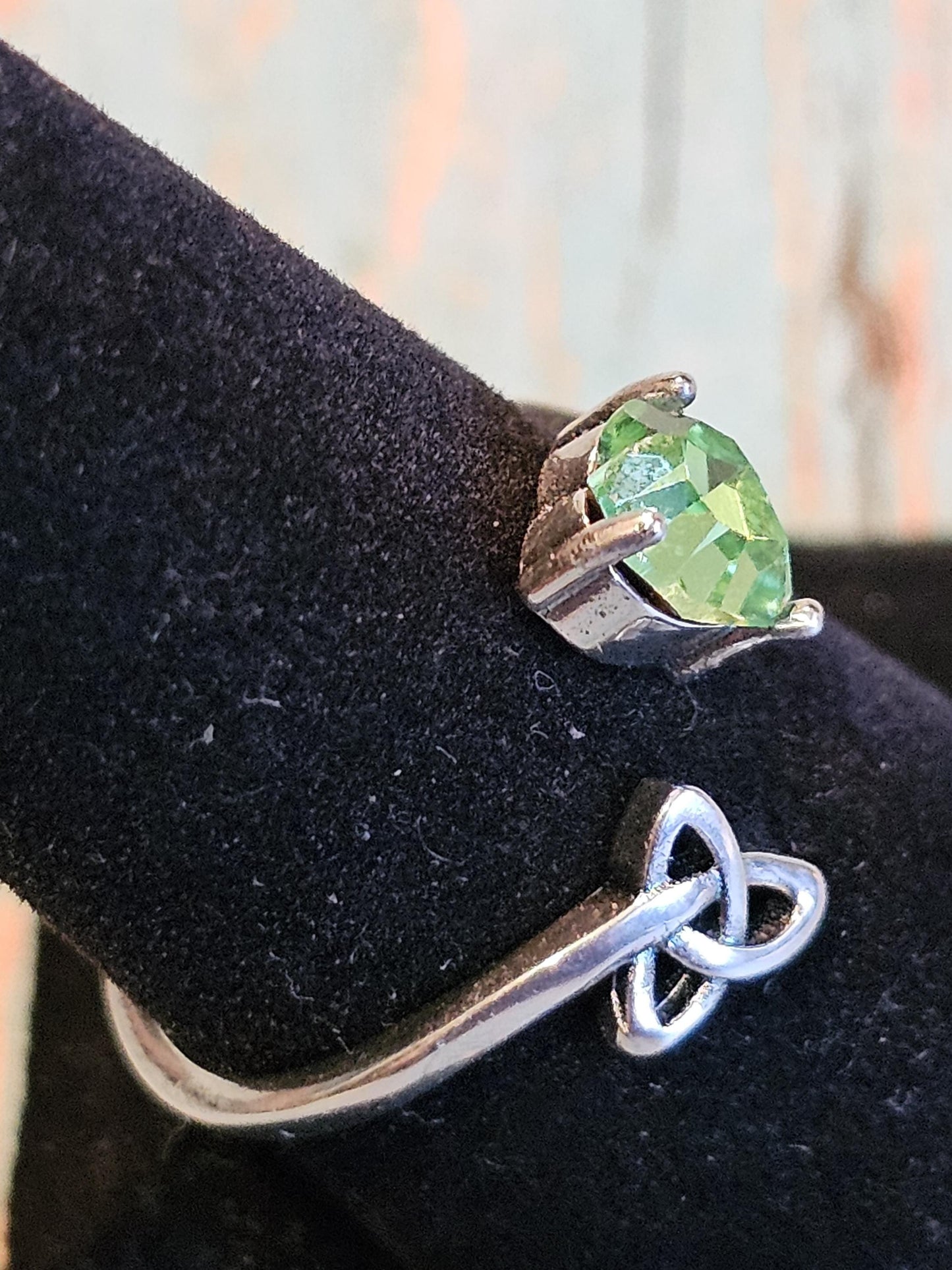 Uranium Glass Heart cut Ring adjustable size Celtic new Sterling Silver with a vintage Uranium glass stone that glows under black  UV light