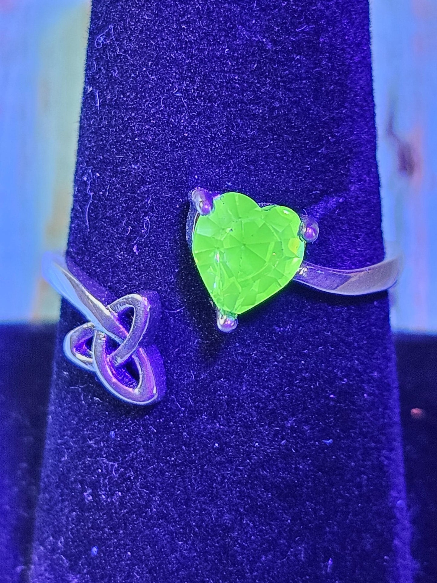 Uranium Glass Heart cut Ring adjustable size Celtic new Sterling Silver with a vintage Uranium glass stone that glows under black  UV light