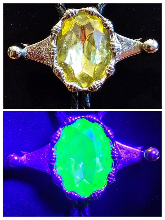 Uranium Glass Bolo Tie Leather cord, heavy tips, huge 30x22 mm Yellow Oval cut vintage Uranium Glass stone that glows under black/UV light