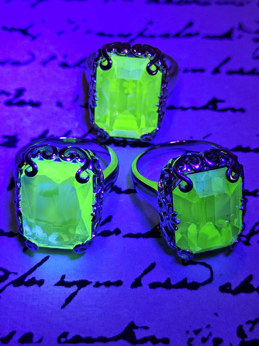 Uranium Glass Emerald cut Art Deco Ring size 6 to 8 in new Sterling Silver with vintage Uranium glass stone that glows under black/UV light