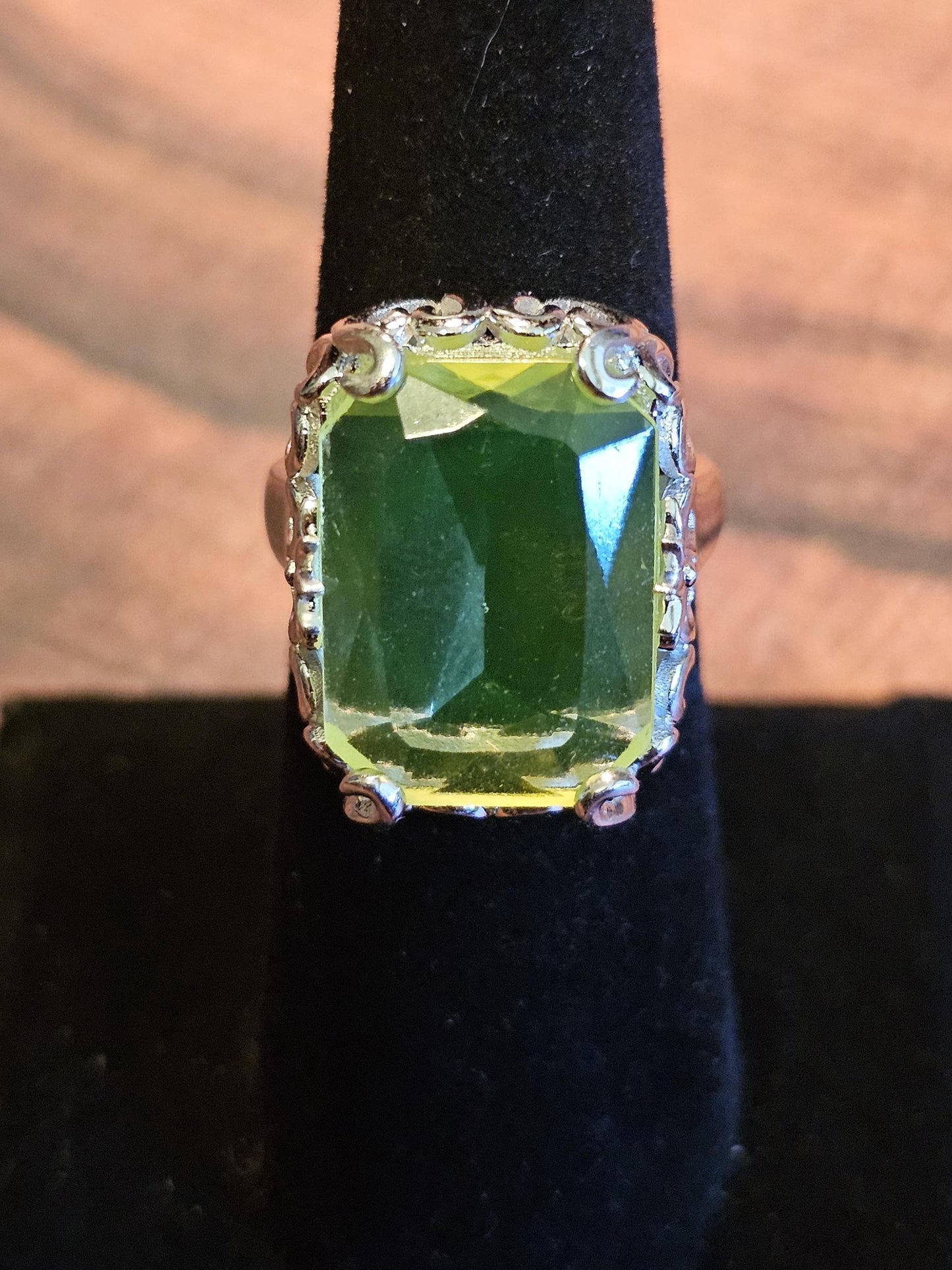 Uranium Glass Emerald cut Ring size 6 to 8 in new Sterling Silver with vintage Yellow Uranium glass stones that glow under black / UV light