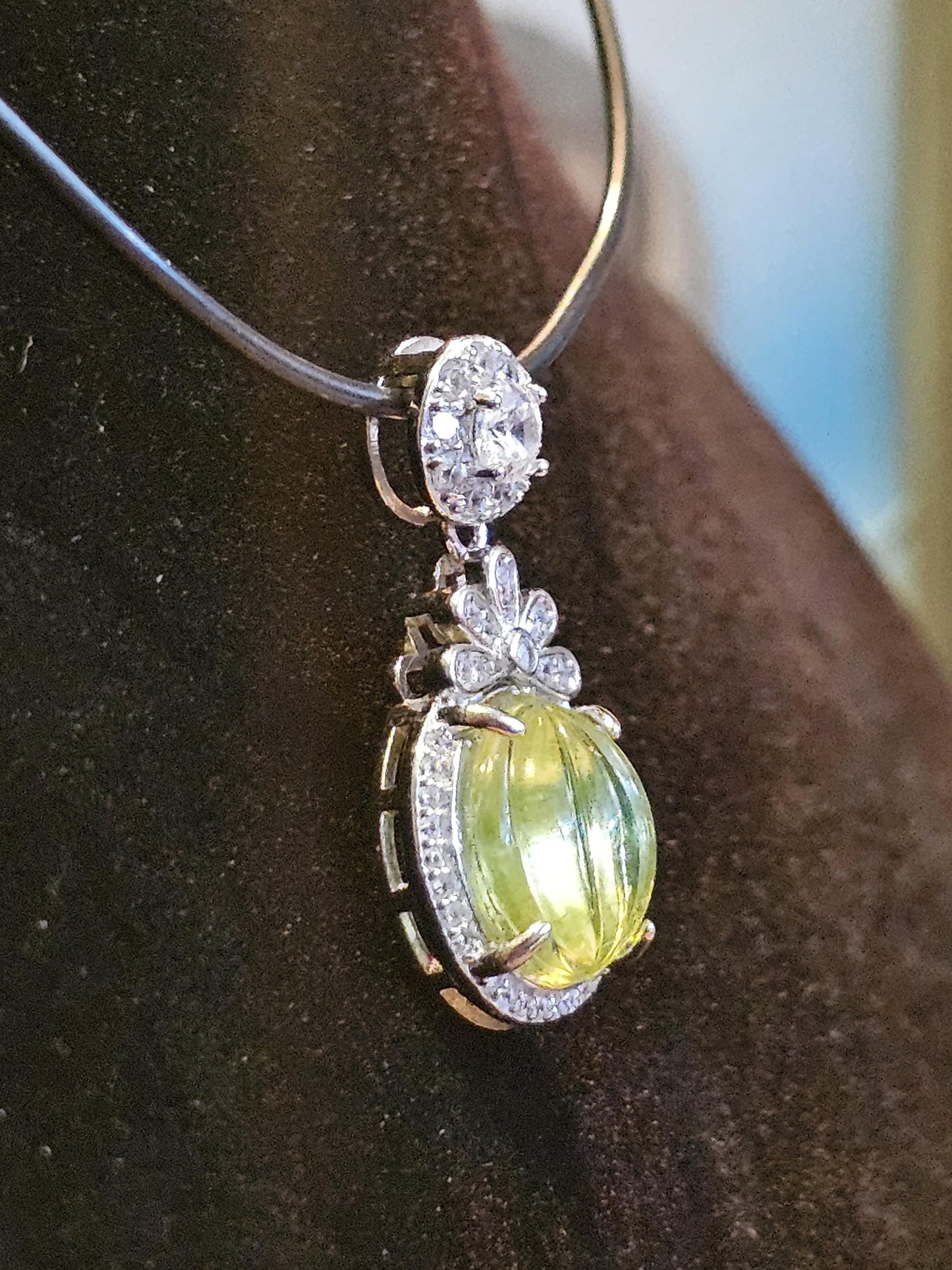 Uranium Glass Pendant in a new Sterling Silver with a ribbed vintage 12 mm Round Yellow Uranium Glass Stone that glows under black/UV light