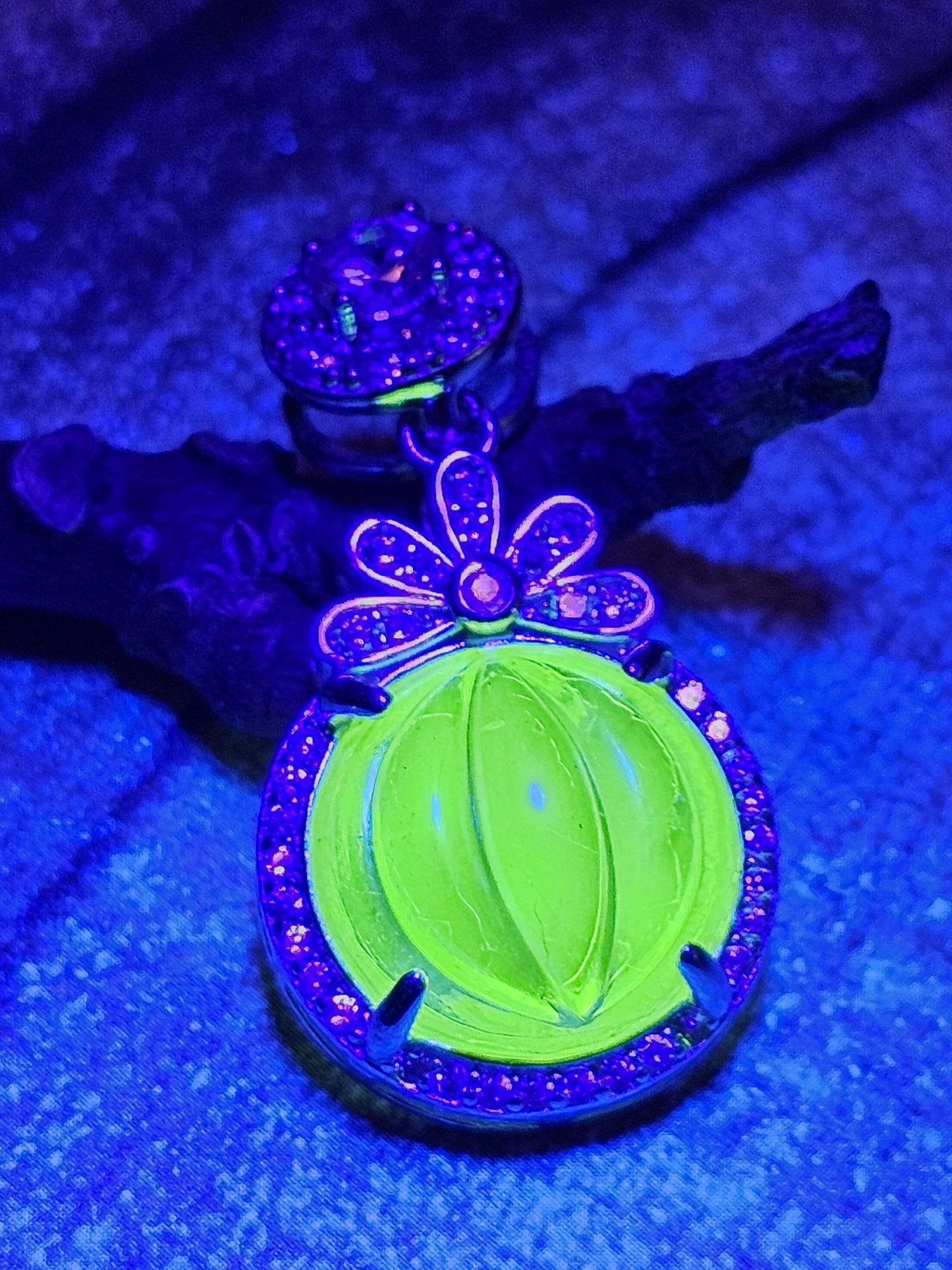 Uranium Glass Pendant in a new Sterling Silver with a ribbed vintage 12 mm Round Yellow Uranium Glass Stone that glows under black/UV light