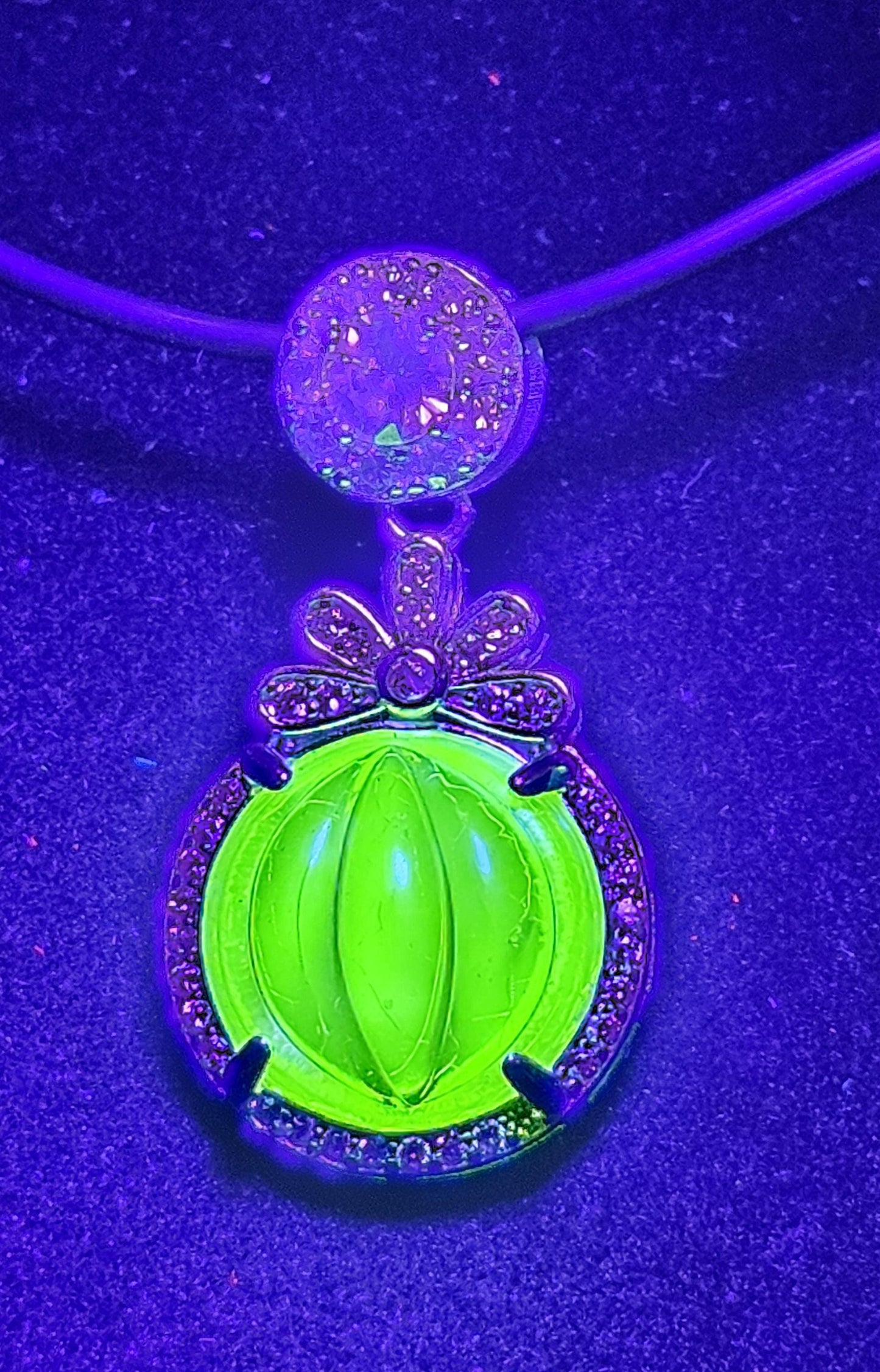 Uranium Glass Pendant in a new Sterling Silver with a ribbed vintage 12 mm Round Yellow Uranium Glass Stone that glows under black/UV light