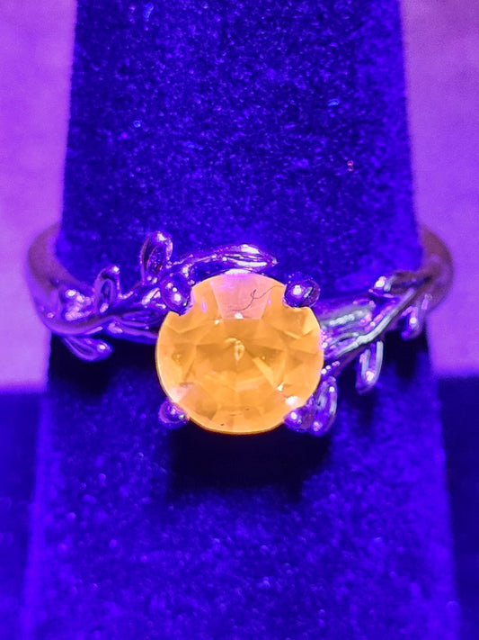 Cadmium Glass Round cut Ring size 7 new Silver plated ring with vintage 7 mm Cadmium glass stone that glows under black / UV light