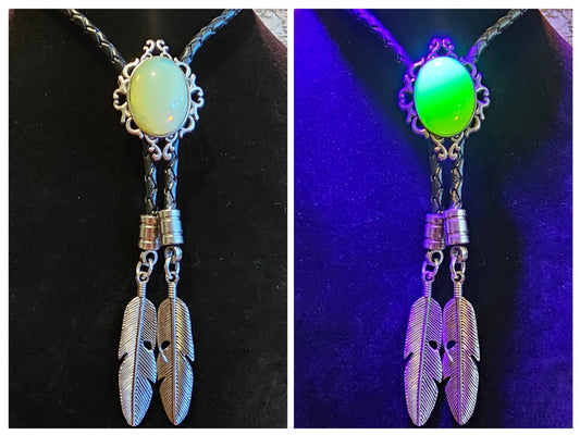 Uranium Glass Bolo Tie, Leather cord, 2 tip choices vintage White/Yellowish 25x18 mm Uranium Glass stone that glow under black/UV light
