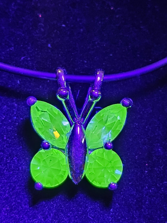 Uranium Glass Pendant in new Sterling Silver Butterfly design with Vintage Uranium Glass stones that glow under black / UV light