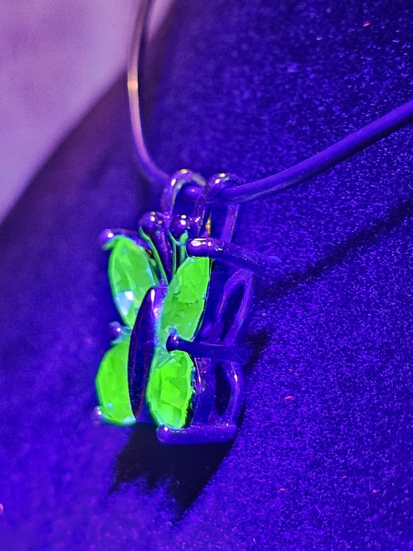 Uranium Glass Pendant in new Sterling Silver Butterfly design with Vintage Uranium Glass stones that glow under black / UV light