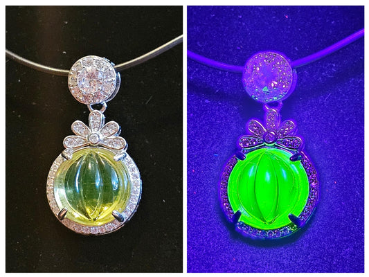 Uranium Glass Pendant in a new Sterling Silver with a ribbed vintage 12 mm Round Yellow Uranium Glass Stone that glows under black/UV light