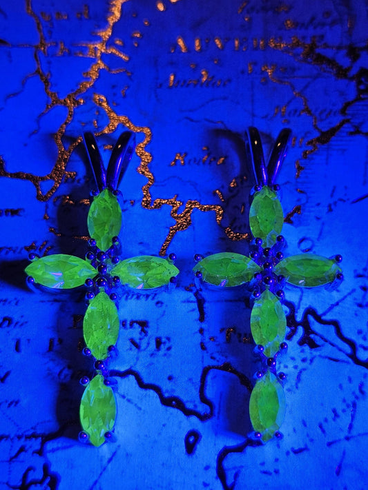 Uranium Glass Pendant new Sterling Silver, Cross design with 8x4 mm vintage Marquee cut Uranium Glass stones that glow under black/UV light