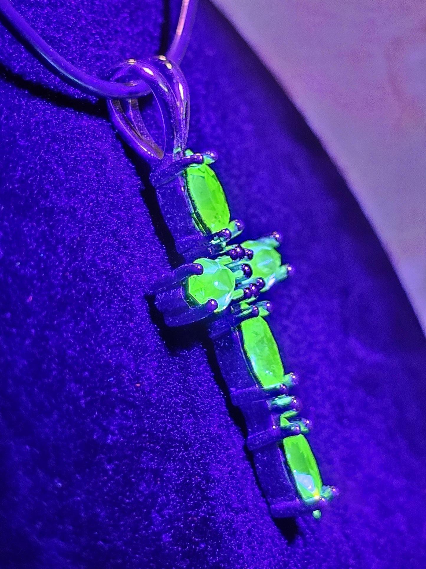 Uranium Glass Pendant new Sterling Silver, Cross design with 8x4 mm vintage Marquee cut Uranium Glass stones that glow under black/UV light