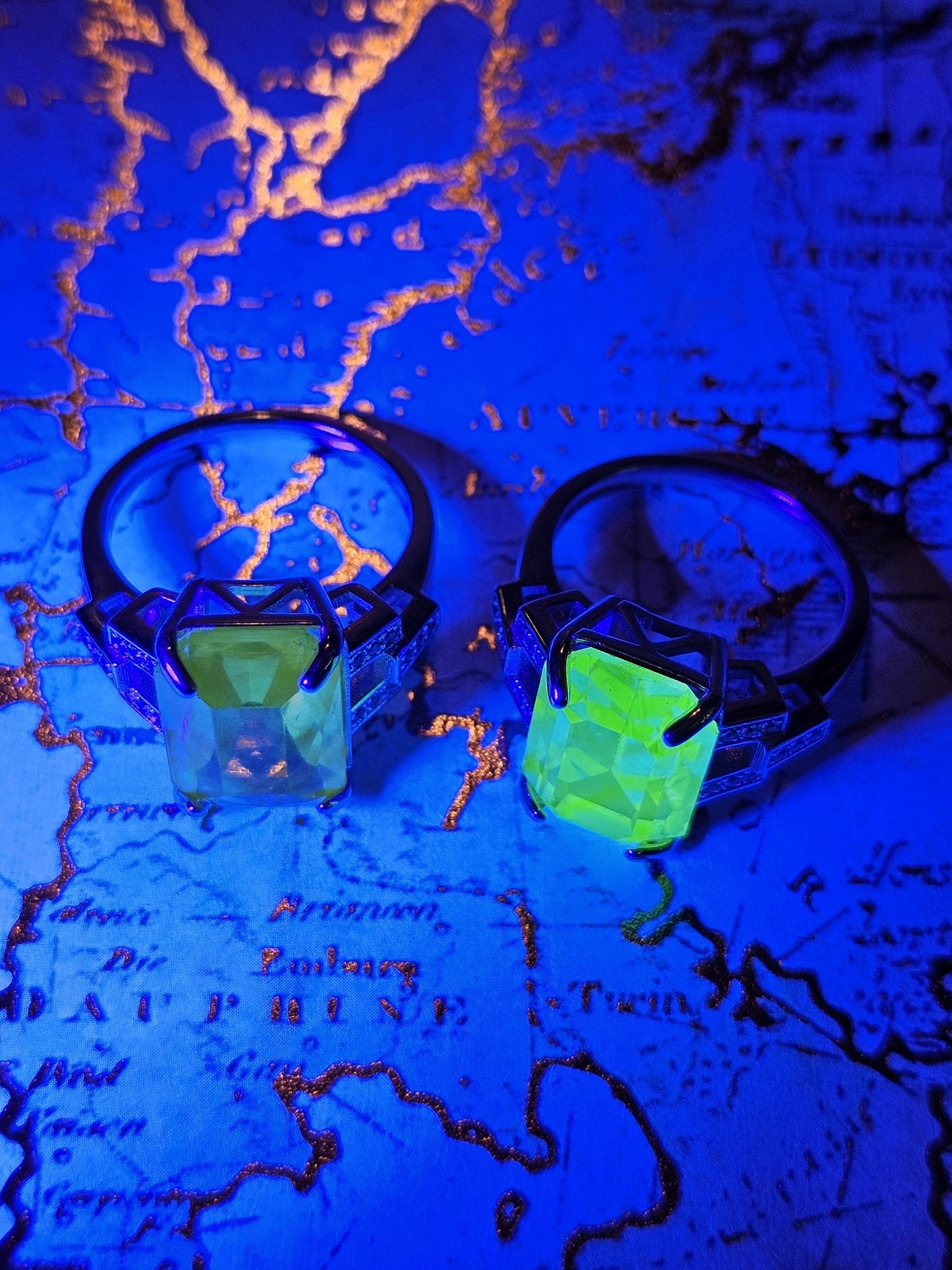 Uranium Glass Ring new Sterling Silver in a size 7 with a Yellow or Green Emerald cut Uranium glass stone that glows under black / UV light