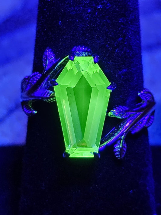 Uranium Glass Coffin cut Ring size 4 through 10.5 in Sterling Silver with a cut Czech Uranium glass stone that glows under black / UV light