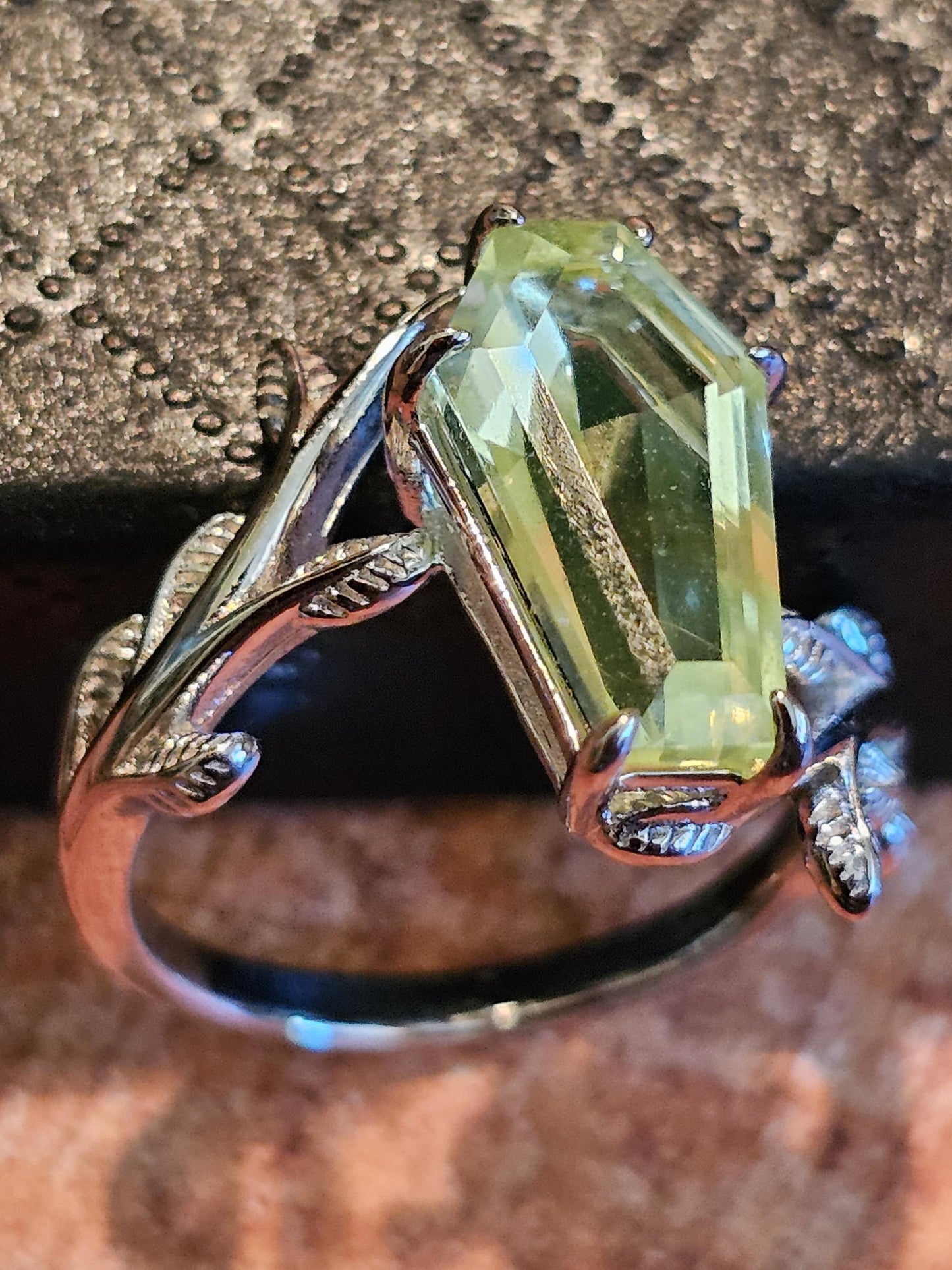 Uranium Glass Coffin cut Ring size 4 through 10.5 in Sterling Silver with a cut Czech Uranium glass stone that glows under black / UV light