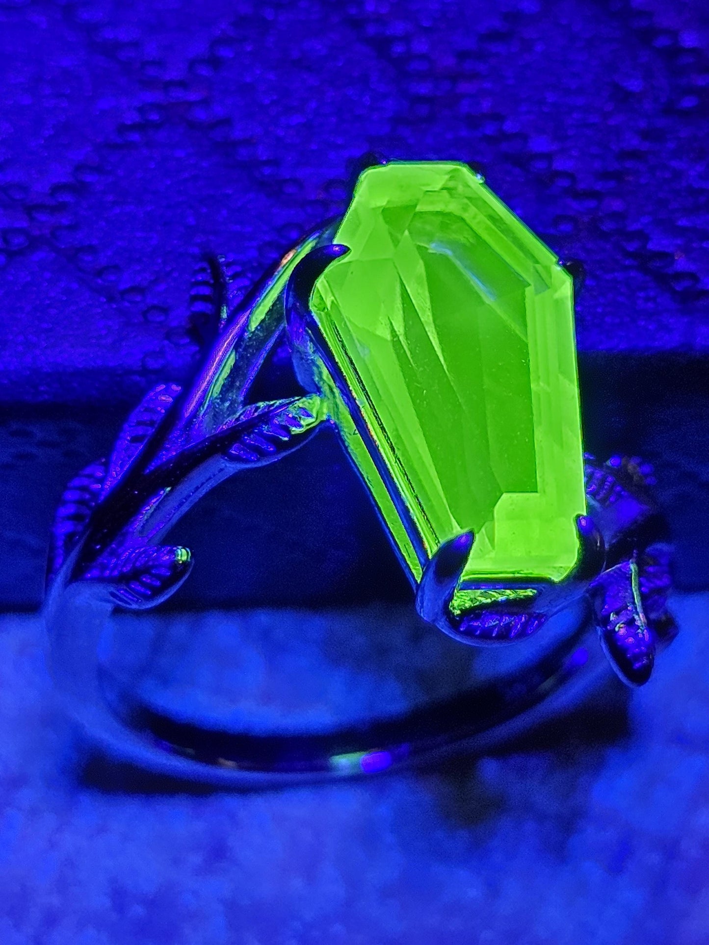 Uranium Glass Coffin cut Ring size 4 through 10.5 in Sterling Silver with a cut Czech Uranium glass stone that glows under black / UV light