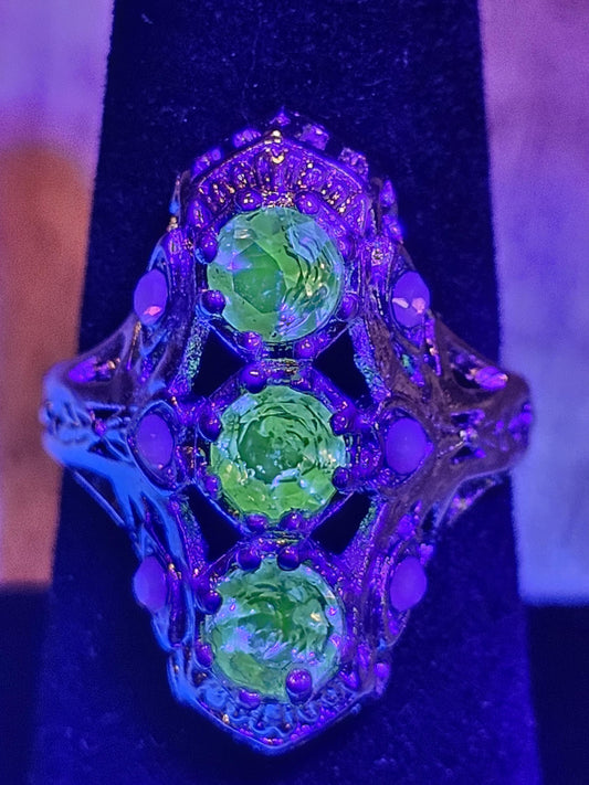 Uranium Glass Round cut Ring Shield style new Sterling Silver with three 5 mm vintage Uranium glass stones that glow under black / UV light