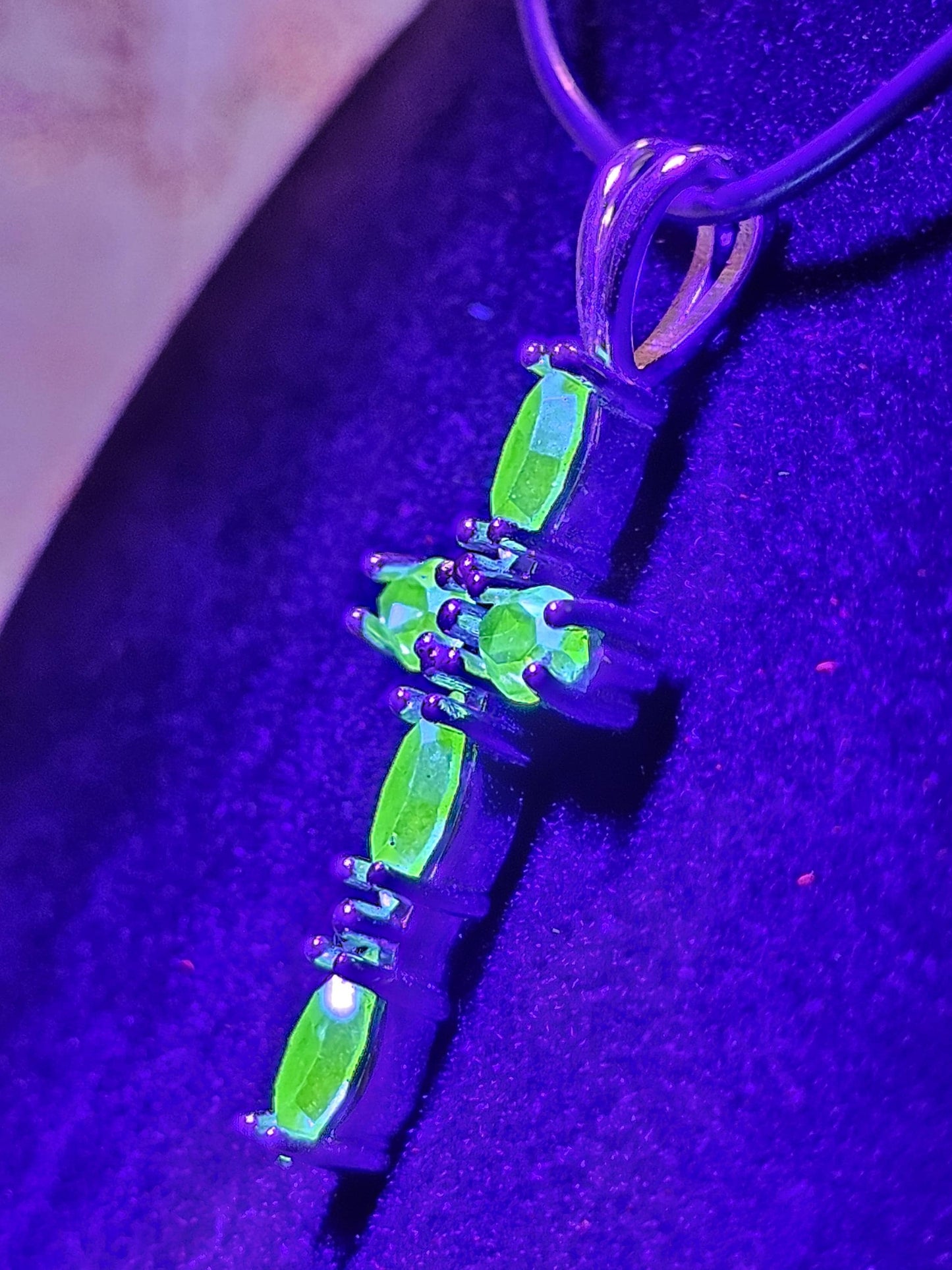 Uranium Glass Pendant new Sterling Silver, Cross design with 8x4 mm vintage Marquee cut Uranium Glass stones that glow under black/UV light