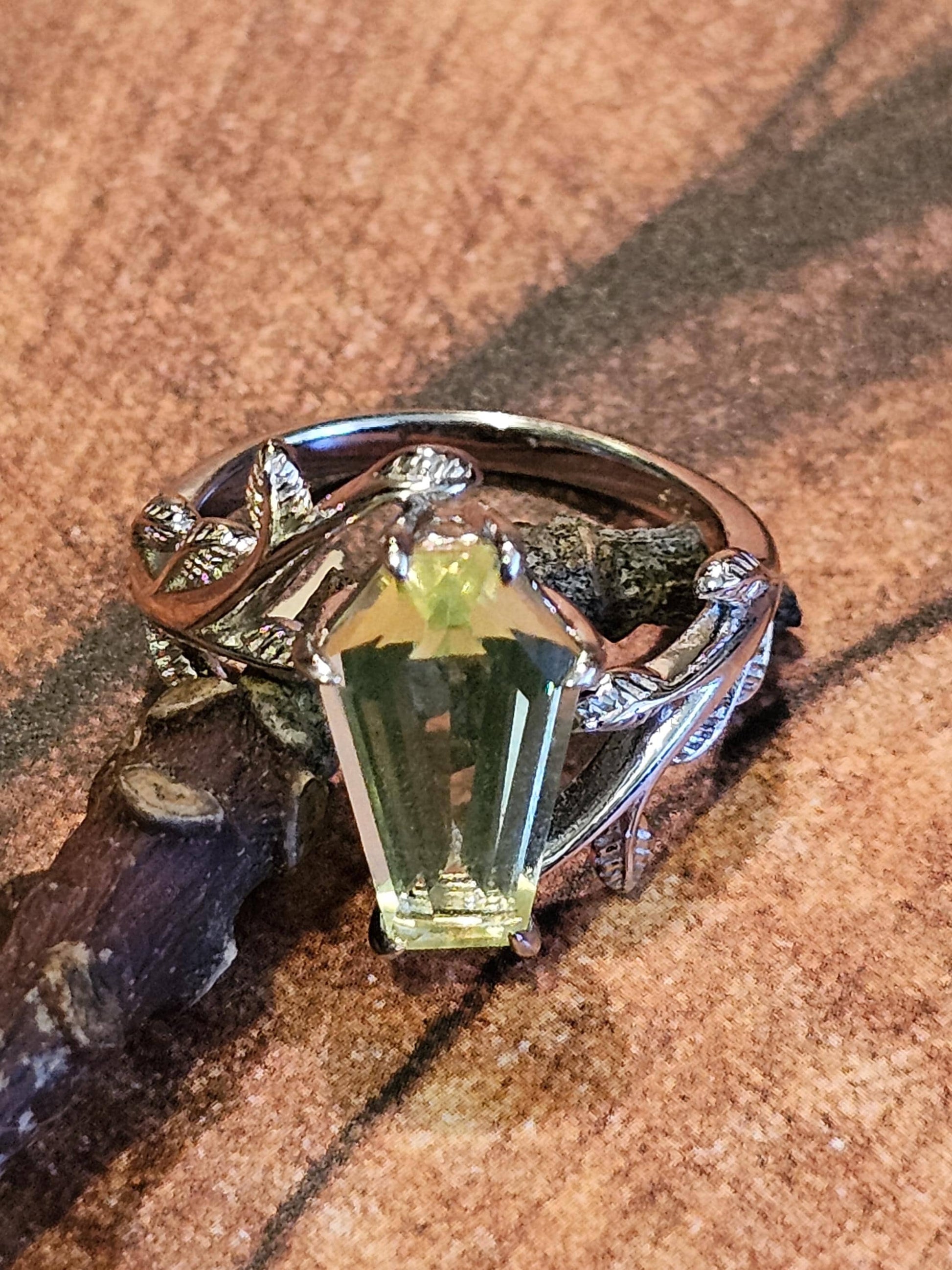 Uranium Glass Coffin cut Ring size 4 through 10.5 in Sterling Silver with a cut Czech Uranium glass stone that glows under black / UV light