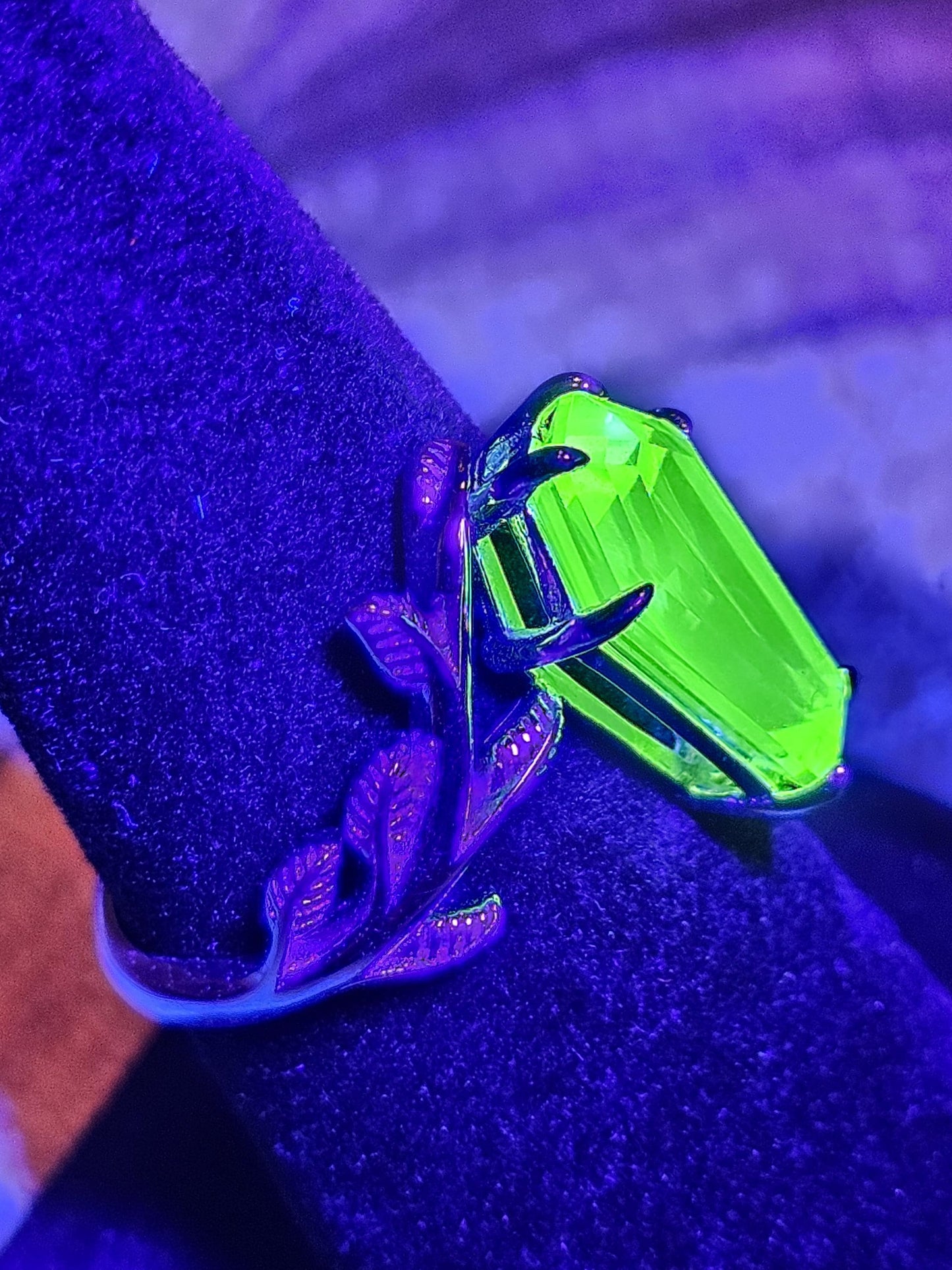Uranium Glass Coffin cut Ring size 4 through 10.5 in Sterling Silver with a cut Czech Uranium glass stone that glows under black / UV light
