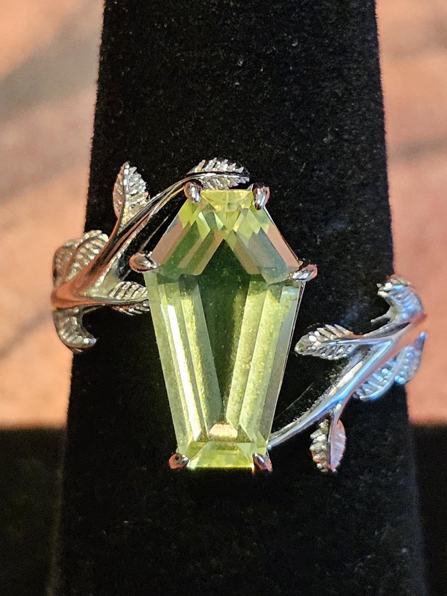 Uranium Glass Coffin cut Ring size 4 through 10.5 in Sterling Silver with a cut Czech Uranium glass stone that glows under black / UV light