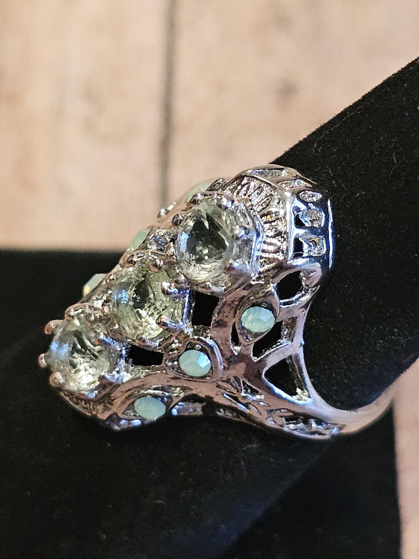 Uranium Glass Round cut Ring Shield style new Sterling Silver with three 5 mm vintage Uranium glass stones that glow under black / UV light