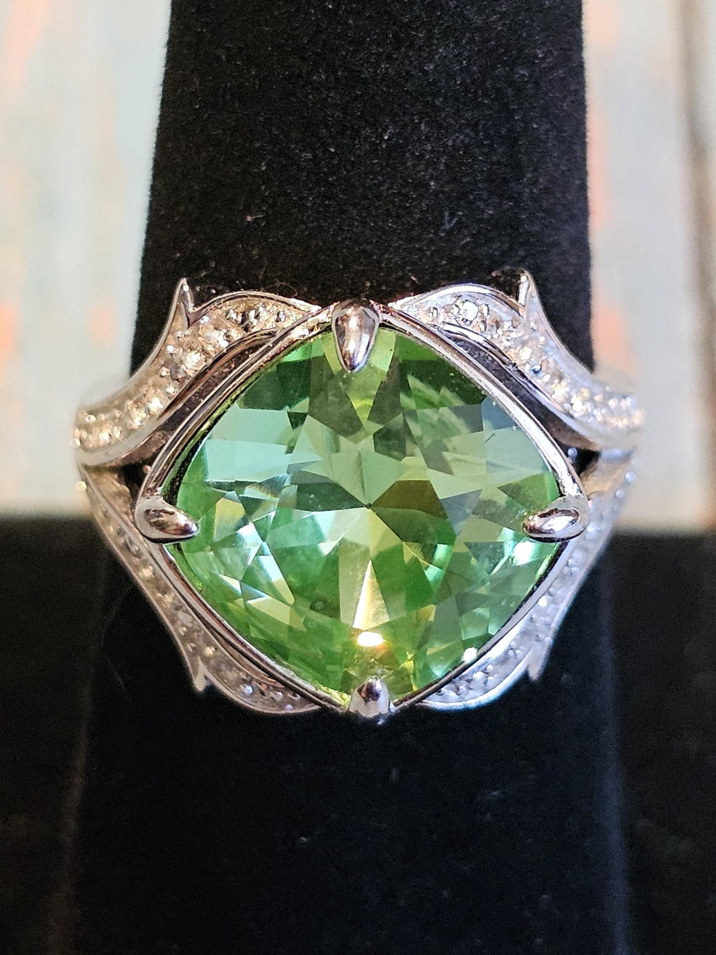 Uranium Glass Cushion cut Offset style Ring in size 7.5 with a super rare 12 mm vintage Uranium glass stone that glows under black/UV light