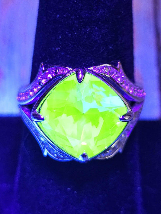 Uranium Glass Cushion cut Offset style Ring in size 7.5 with a super rare 12 mm vintage Uranium glass stone that glows under black/UV light