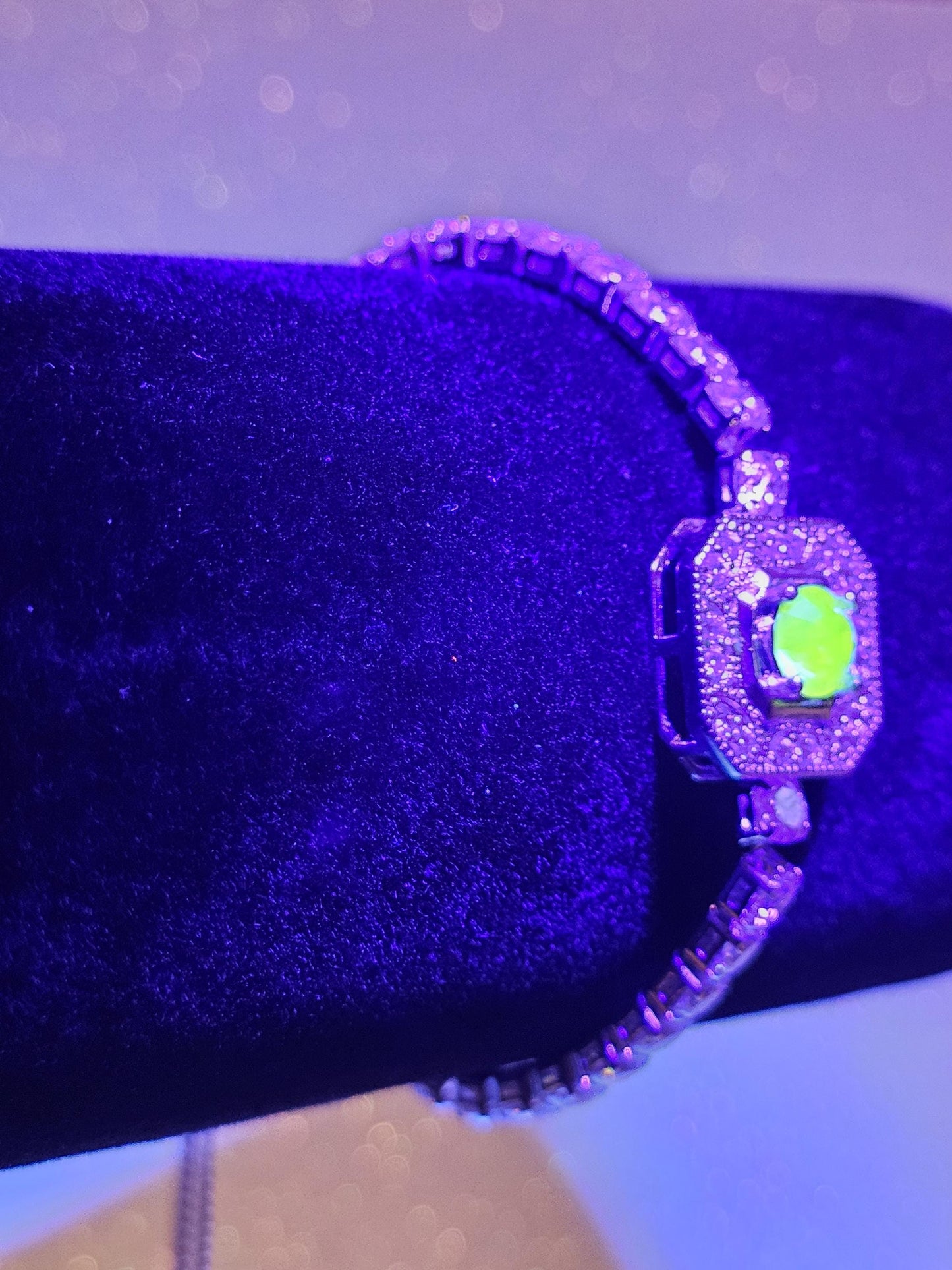 Uranium Glass Bracelet new Sterling Silver setting holding a vintage 6mm Pink Uranium glass Round cut stone that glows under black/UV light