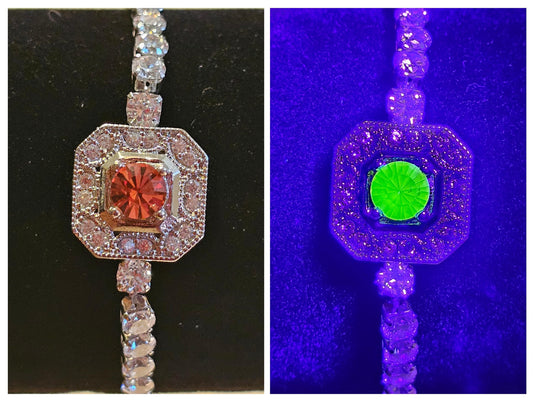 Uranium Glass Bracelet new Sterling Silver setting holding a vintage 6mm Pink Uranium glass Round cut stone that glows under black/UV light