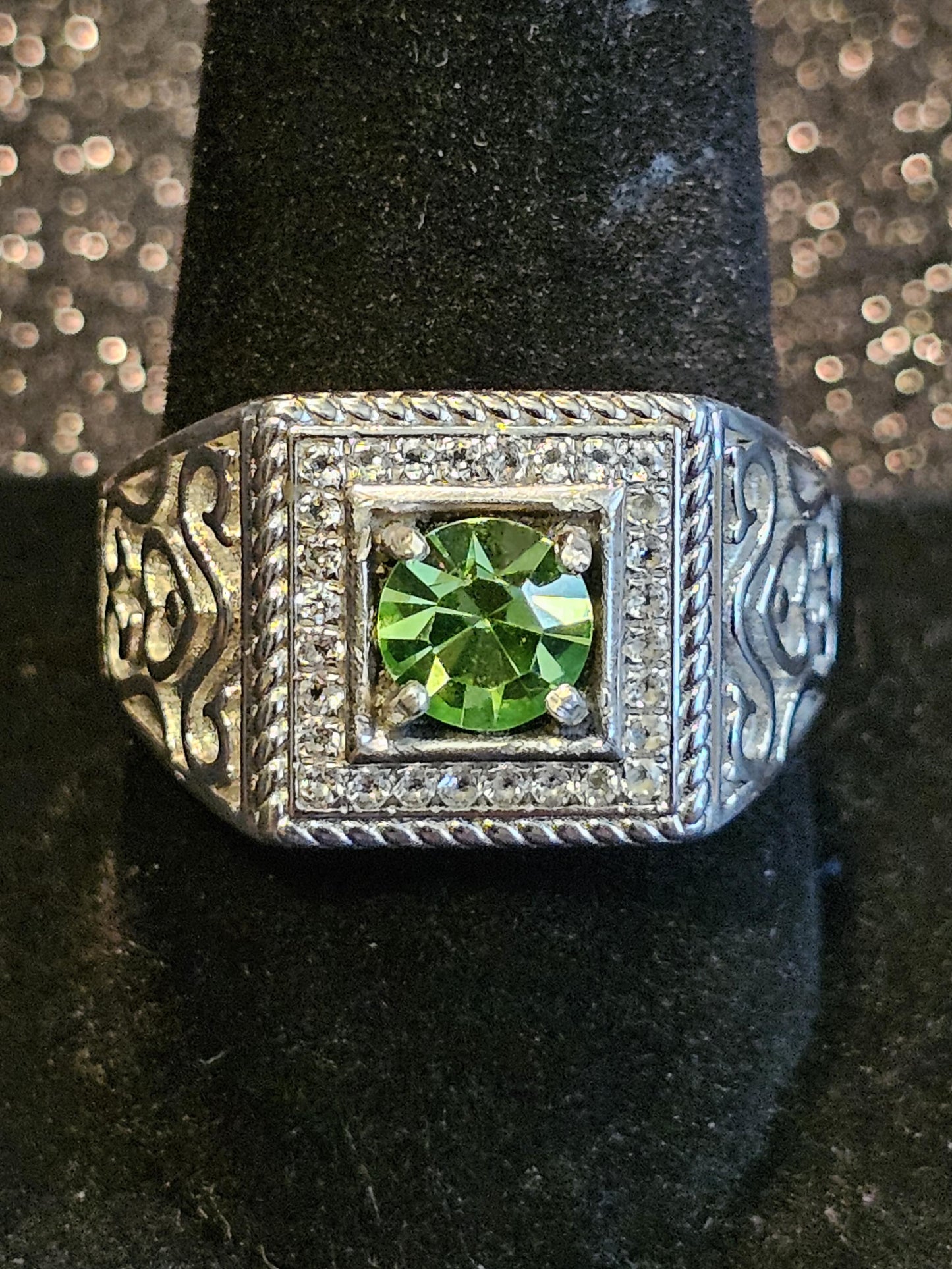 Uranium Glass Men's Ring size 10.5 new Sterling Silver with a vintage Round cut Uranium glass stone that glows under black / UV light