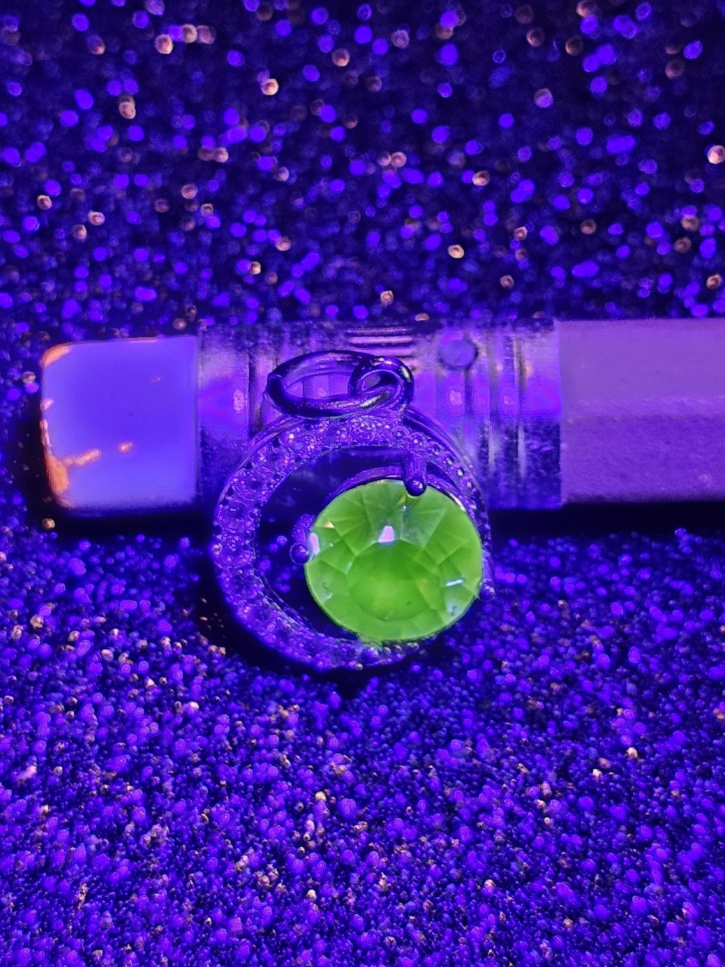Uranium Glass Pendant vintage Pink 6 mm Round cut Uranium Glass stone in new Sterling Silver setting that glows under black / UV light