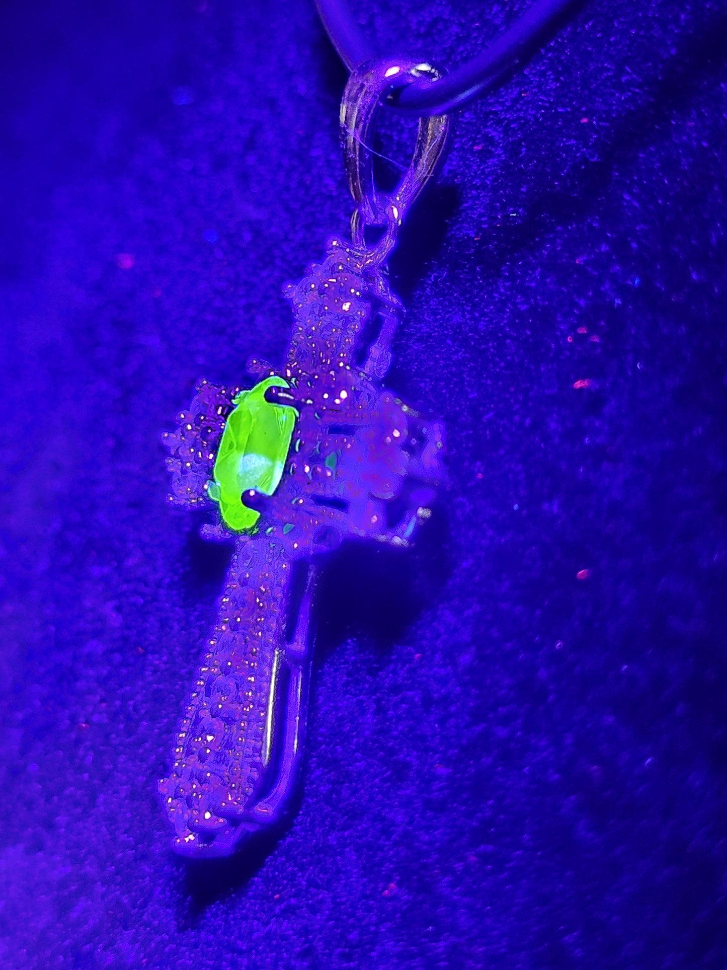 Uranium Glass Pendant Cross design new Sterling Silver,  with 8x4 mm vintage Marquee cut Uranium Glass stone that glows under black/UV light