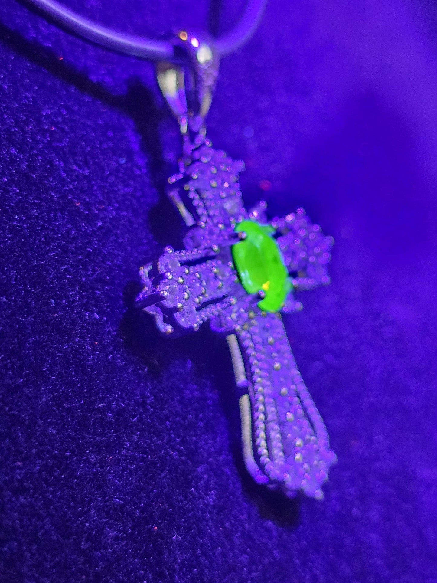 Uranium Glass Pendant Cross design new Sterling Silver,  with 8x4 mm vintage Marquee cut Uranium Glass stone that glows under black/UV light