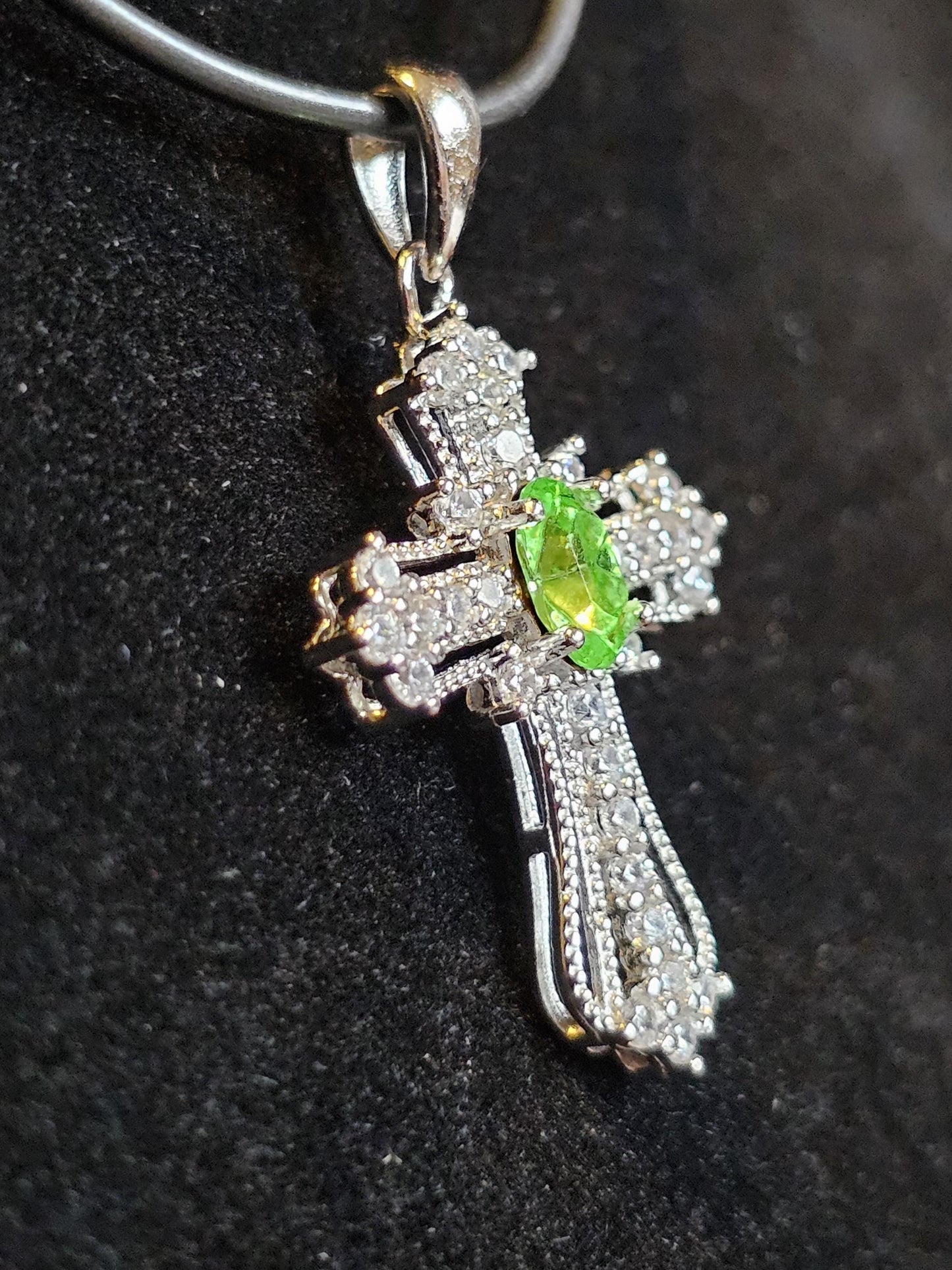 Uranium Glass Pendant Cross design new Sterling Silver,  with 8x4 mm vintage Marquee cut Uranium Glass stone that glows under black/UV light