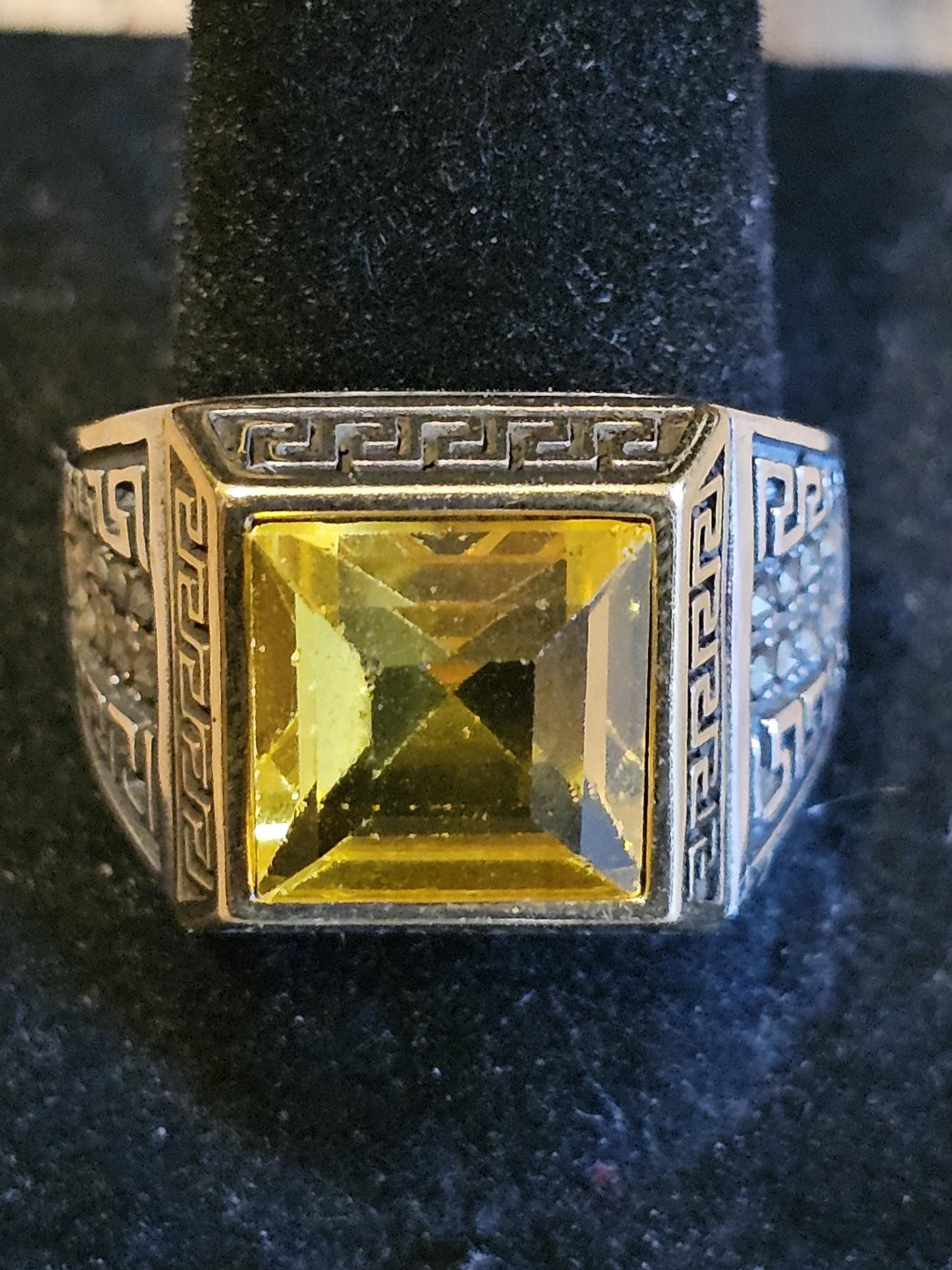 Uranium Glass Men's Ring vintage Yellow 10mm Uranium glass Square cut stone new Sterling Silver Adjustable with  glows under black/UV light
