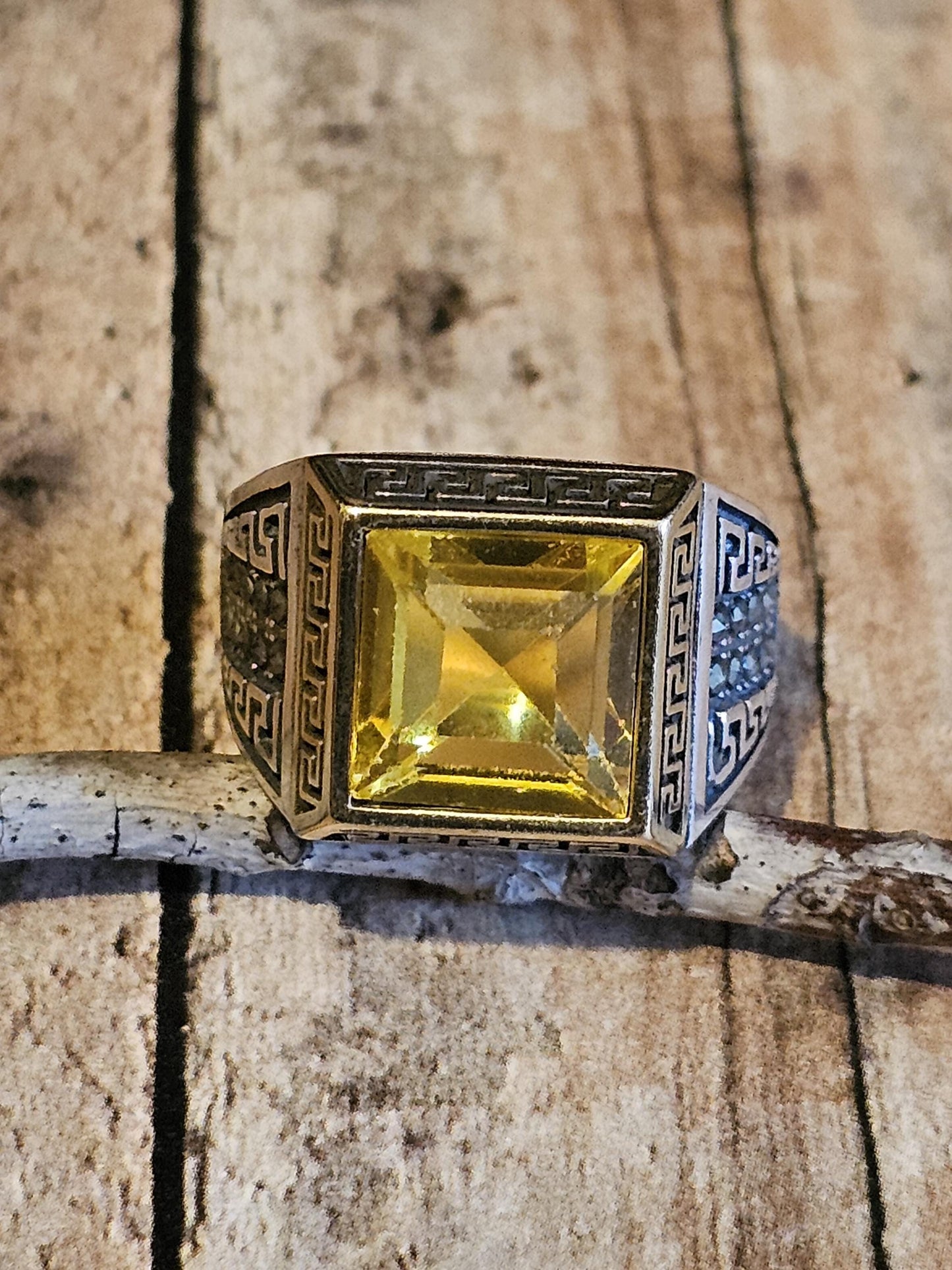 Uranium Glass Men's Ring vintage Yellow 10mm Uranium glass Square cut stone new Sterling Silver Adjustable with  glows under black/UV light
