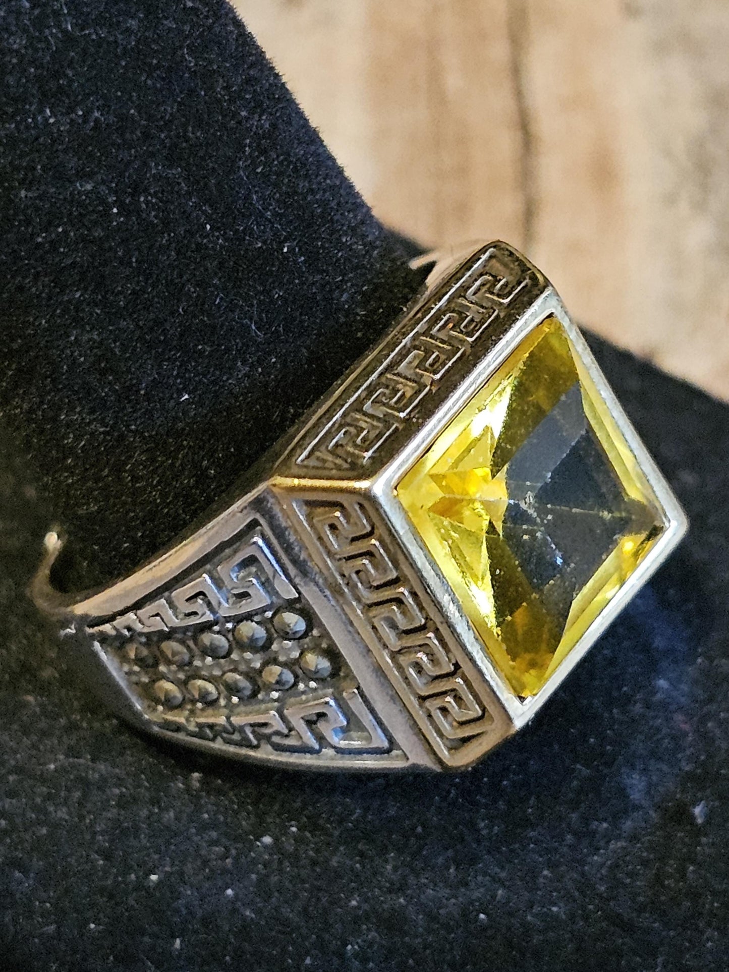 Uranium Glass Men's Ring vintage Yellow 10mm Uranium glass Square cut stone new Sterling Silver Adjustable with  glows under black/UV light