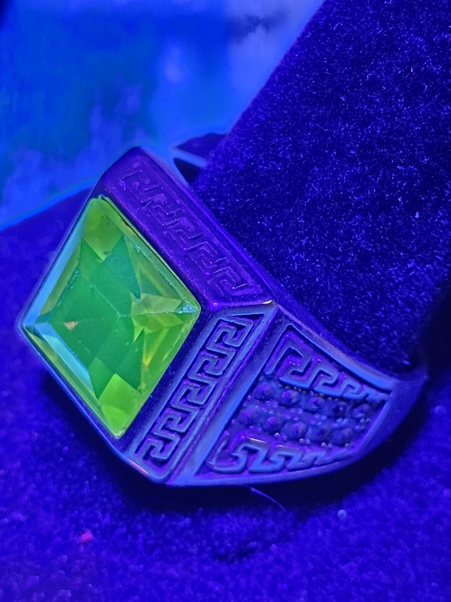 Uranium Glass Men's Ring vintage Yellow 10mm Uranium glass Square cut stone new Sterling Silver Adjustable with  glows under black/UV light